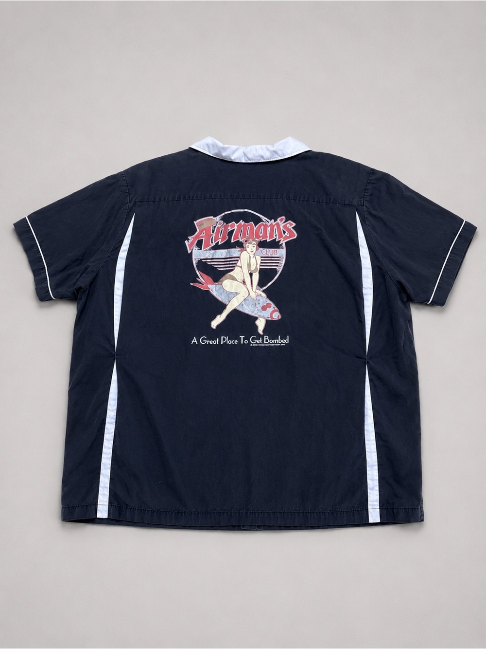 American Vintage Navy Blue Bowling Shirt with White Trim and Red Graphic